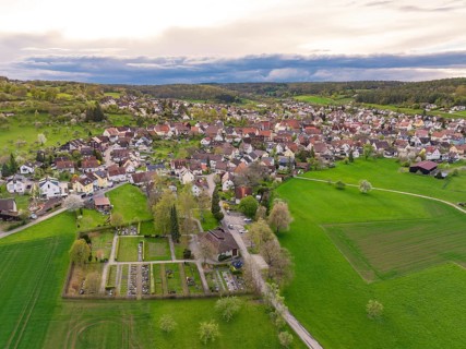 Wide view of a village with gardens and fields, surrounded by green meadows under a cloudy sky,