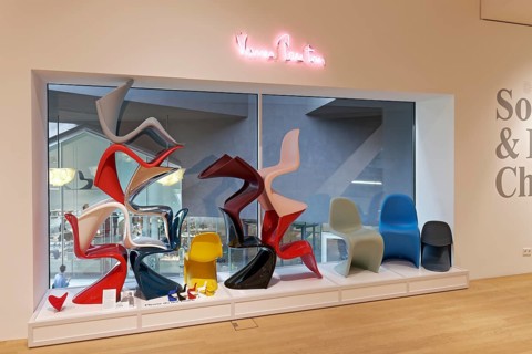 Coloured designer chairs by Verner Panton, exhibit in the Vitra Museum, Vitra Campus, Weil am
