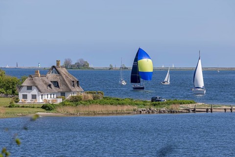 Thatched houses, sailboats, Rabelsund, Rabel, Schlei, Schleswig-Holstein, Germany