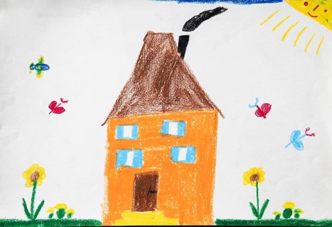 Naive illustration, children's drawing, house with flower meadow and butterflies