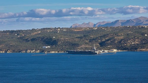 Aircraft carrier USS Gerald R. Ford, largest aircraft carrier in the world, anchored in Souda Bay