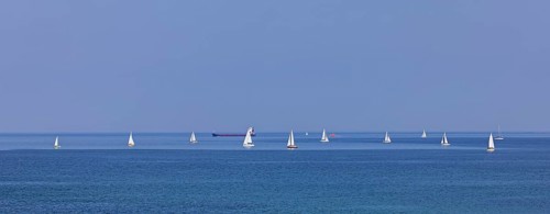 Panorama, sailboats, cargo ship, Baltic Sea, Altbülk, beaches, Schleswig-Holstein, Germany