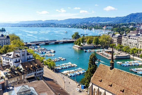 Lake Zurich skyline from above with Lake Zurich in Zurich, Switzerland