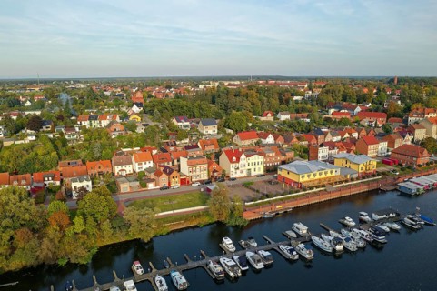 Aerial view of the city island, the old town of the Hanseatic city of Havelberg on the Havel in the
