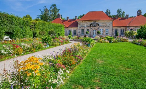 Garden parterre with flowerbeds in front of the Old Palace in the Hermitage Palace Park, Bayreuth,