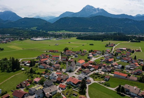 Drone image, view of the village with parish church, Wängle, Rettener Becken, Tyrol, Austria