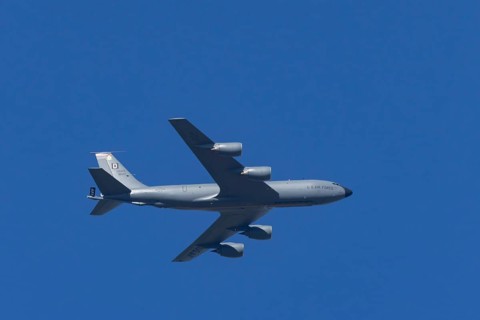 Boeing KC-135 Stratotanker military jet aircraft of the United States air force USAF flying in a