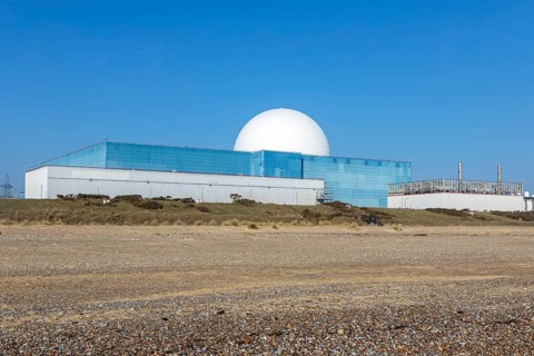 View from beach white dome of Sizewell B PWR nuclear power station, Suffolk, England, UK