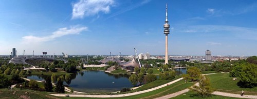 View from Olympiaberg to Olympic Stadium, Olympic Lake, Olympic Tower, Olympic Hall, Olympic