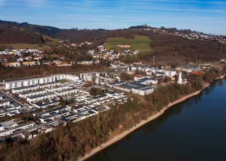 Drone image, housing estate, apartment blocks and high-rise estate, Puchenau, Linz Land district,