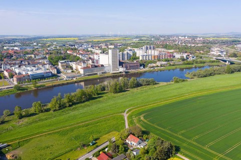 Aerial view of Riesa with Elbe, Saxony, Germany