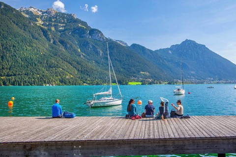 Bathing jetty on the lakeshore, Pertisau, Achensee, Tyrol, Austria