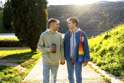Happy caucasian gay couple holding hands and walking in a park, enjoying a sunny day together