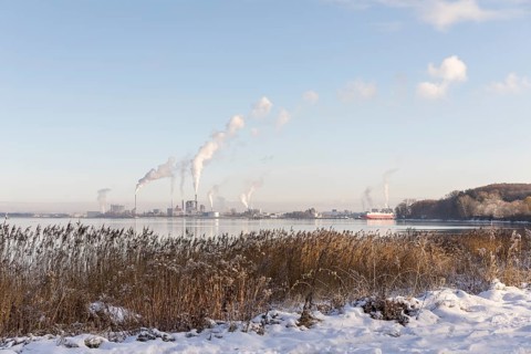 View from Hoben over the Bay of Wismar to the shipyard, Hanseatic city of Wismar,