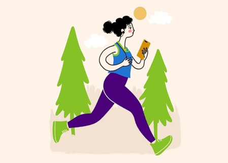 Illustration of a woman jogging through a scenic forest with headphones and a smartphone. She is