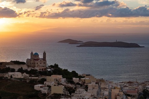 View from Ano Syros to the houses of Ermoupoli with the Anastasi Church or Church of the