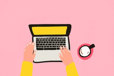 A simple illustration of a person typing on a laptop. The background is pink with a coffee cup
