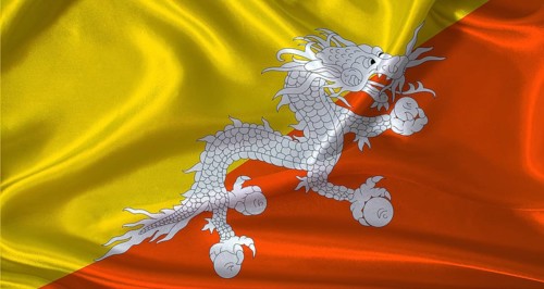 National flag of Bhutan with cloth texture. Bhutan flag with realistic texture background
