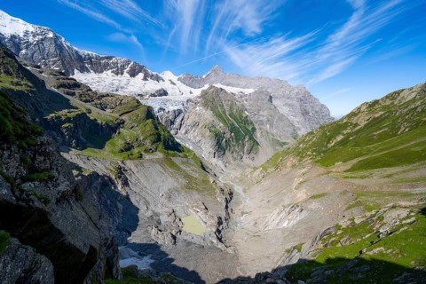 Mountain panorama, picturesque high alpine mountain landscape with Grindelwald-Fiescherfirn