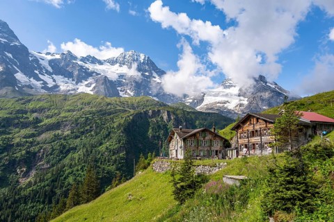 Picturesque mountain landscape with Berghotel Obersteinberg, Breithorn and Tschingelhorn mountain