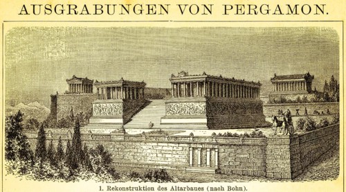 Reconstruction of the altar building, temple complex, stairs, wall, pillars, group of buildings,