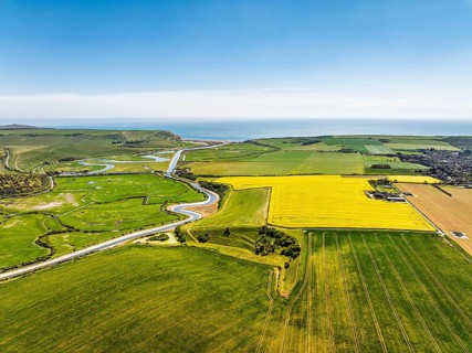 Cuckmere Valley from a drone, Hindover Hill, South Downs, East Sussex, England, United Kingdom