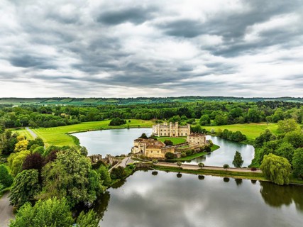 Leeds Castle from a drone, River Len, Kent, England, United Kingdom
