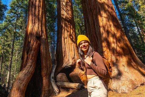 Woman tourist smiling and wearing a beanie, enjoying a scenic autumn hike among the tall redwood