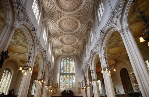 Interior view with church ceiling, stucco ceiling, stucco relief, St Mary Aldermary Church, City of
