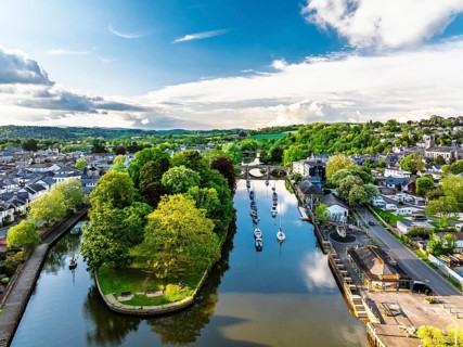 Totnes over River Dart from a drone, Devon, England, United Kingdom