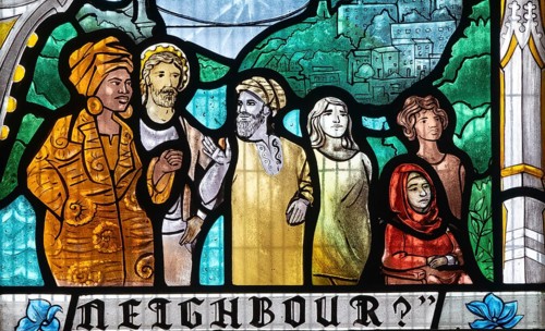Detail modern stained glass depicting neighbours facing the future, by Ealish Swift 2023, St Mary