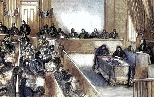 Session of the Skoupchina, the Parliament of Serbia, in 1876, illustration, reproduction from a