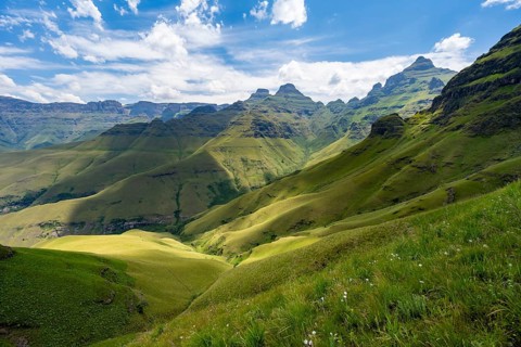 Mountainous landscape of Cathedral Range, Cathedral Peak, Drakensberg, KwaZulu-Natal, South Africa
