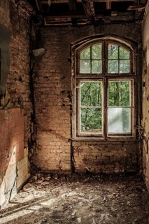 Dilapidated building interior view, former lung hospital and lost place Heilstätte Grabowsee,