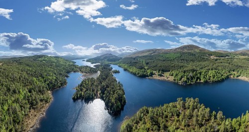 Panorama aerial photo of Loch Sealbhanach and Loch Mullardoc, a water reservoir with hydro electric