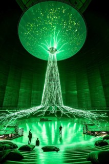 New exhibition at Gasometer Oberhausen, art sculpture The Tree, 40 meter high light installation,