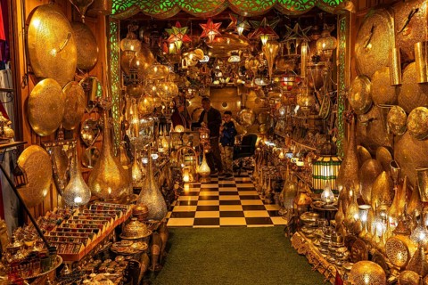 Oriental lamps are on display for sale in a lamp shop, Souk, Bazaar, Marrakech, Maghreb, North