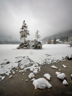 Frozen Hintersee in winter, Ramsau, Berchtesgaden National Park, Berchtesgadener Land, Upper