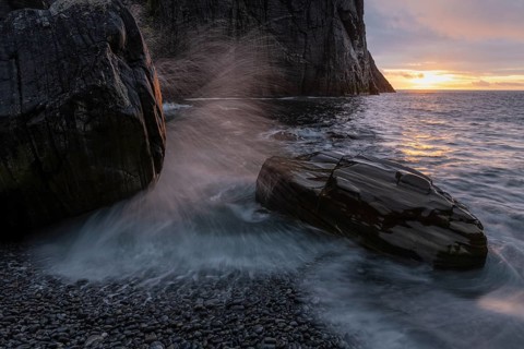 Ocean surf in a rocky bay, Söröya, Norwegian European Sea, Finnmark, Norway, September 2018