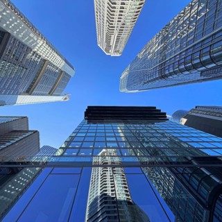 Frog's eye view of skyscrapers in the banking district, Four Frankfurt, Frankfurt am Main, Hesse,