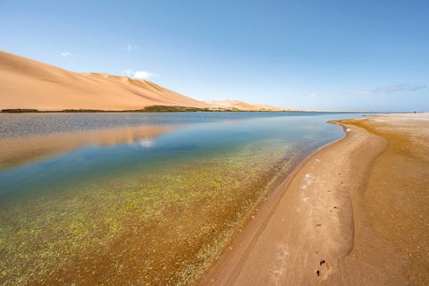 Sand dunes are reflected in the lagoon at Sandwich Harbour, footprints in the sand, Namib Naukluft