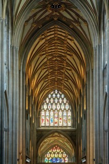 Medieval Gothic design high vaulted ceilings, interior of St Mary Redcliffe church, Bristol,