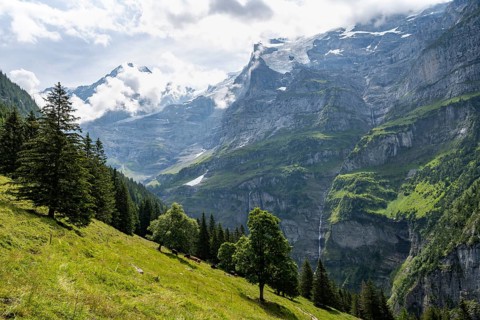 Picturesque mountain landscape on Mettlenalp with Mönch and Jungfrau peaks, Bernese Alps, Bernese