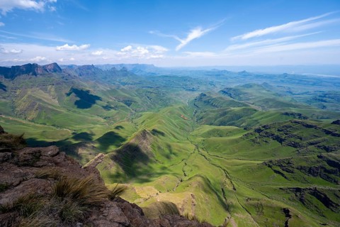 Mountain landscape of the Cathedral Range, view from Cathedral Peak or Cathedralpiek or Mponjwana,