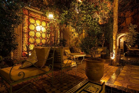 Oriental courtyard at Hotel Riad Palais Sebhan, former city palace, Medina, Marrakech, Maghreb,