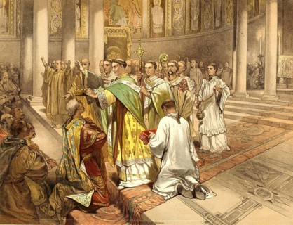 The coronation of Charlemagne by Pope Leo III in St. Peter's Basilica on December 25, 800, school