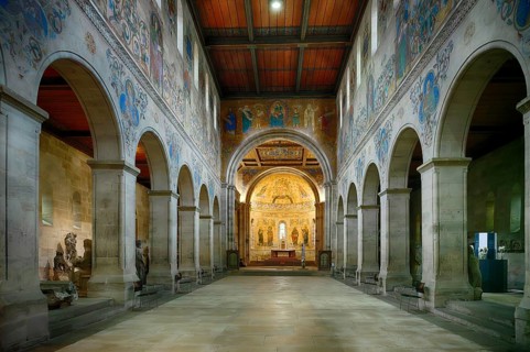 Interior view of the lapidarium, choir room, altar, wooden ceiling, St. John's Church, also St.