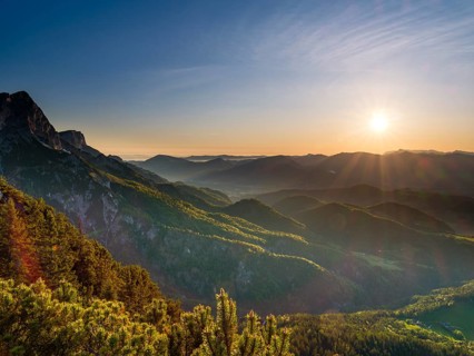 Morning atmosphere at Rauhen Kopf, Untersberg in the background, Berchtesgaden Alps,