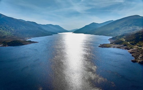Aerial view of Loch Sealbhanach and Loch Mullardoc, a water reservoir with hydro electric power