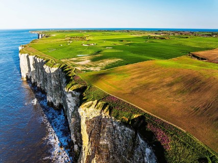 Farm and Fields over Bempton Cliffs from a drone, Yorkshire, England, United Kingdom